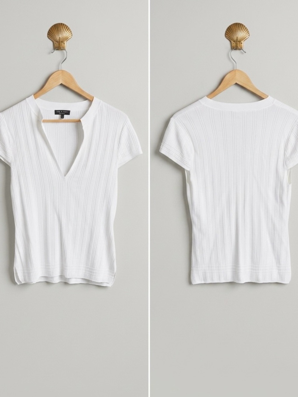 rag & bone White Ribbed Short Sleeve V-Notch Tee